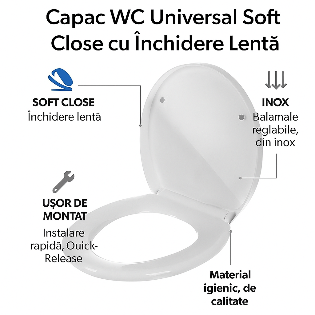 Capac WC Universal Soft Close cu Inchidere Lenta, Balamale din Otel Inoxidabil, Reglabil 6–23 cm, Materiale Premium, Kit montaj inclus, Instalare usoara, Alb, Beatus® [9]