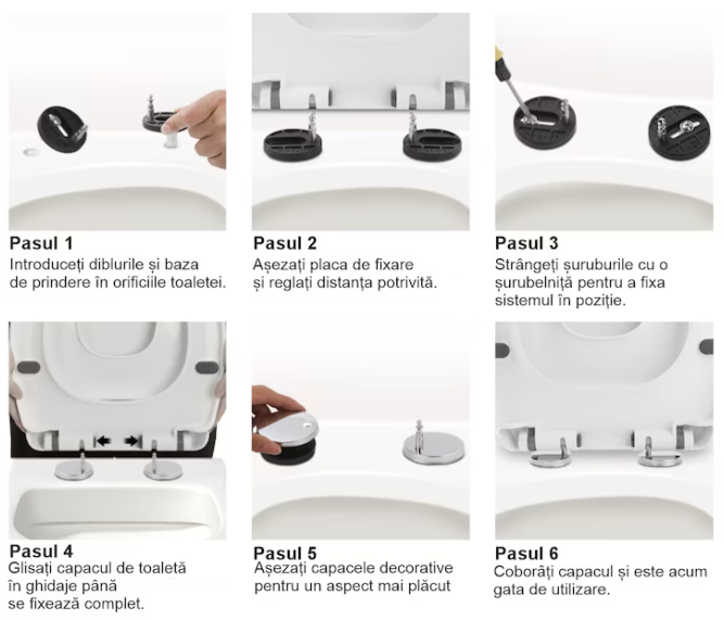 Capac WC Universal Soft Close cu Inchidere Lenta, Balamale din Otel Inoxidabil, Reglabil 6–23 cm, Materiale Premium, Kit montaj inclus, Instalare usoara, Alb, Beatus® [13]