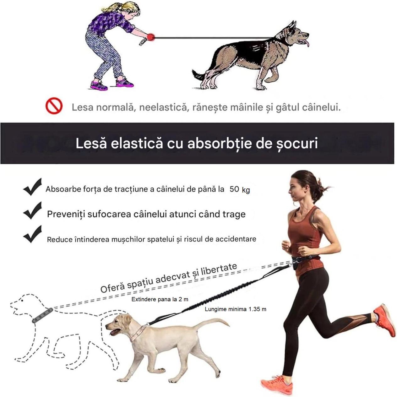 Lesa alergare caini cu centura hands-free, amortizor soc, reglabila si reflectorizanta, cu borseta detasabila, pentru mers si jogging, caini pana la 50 kg [6]