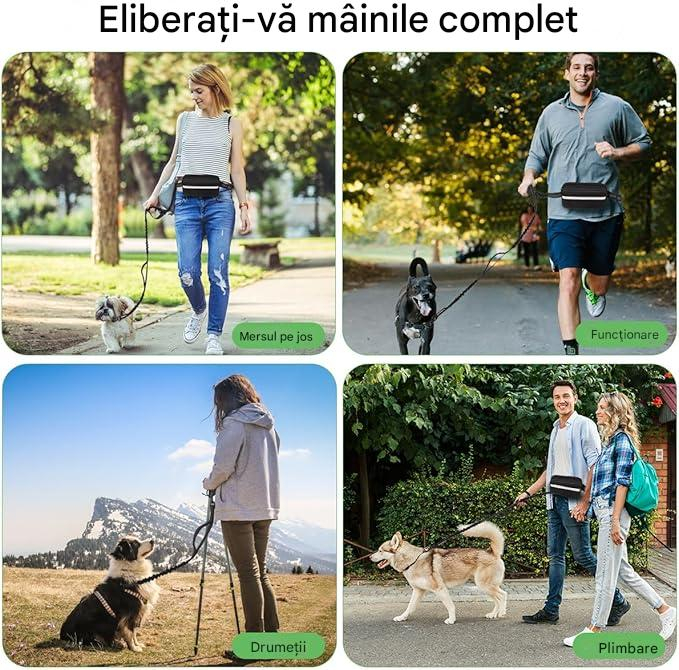 Lesa alergare caini cu centura hands-free, amortizor soc, reglabila si reflectorizanta, cu borseta detasabila, pentru mers si jogging, caini pana la 50 kg [10]