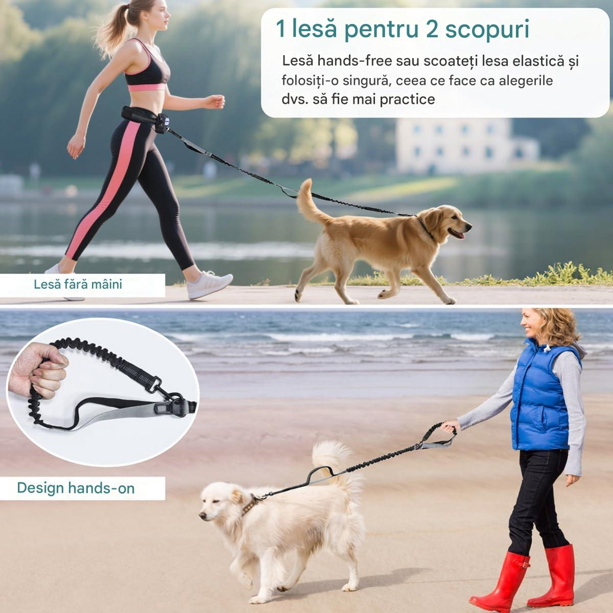 Lesa alergare caini cu centura hands-free, amortizor soc, reglabila si reflectorizanta, cu borseta detasabila, pentru mers si jogging, caini pana la 50 kg [8]