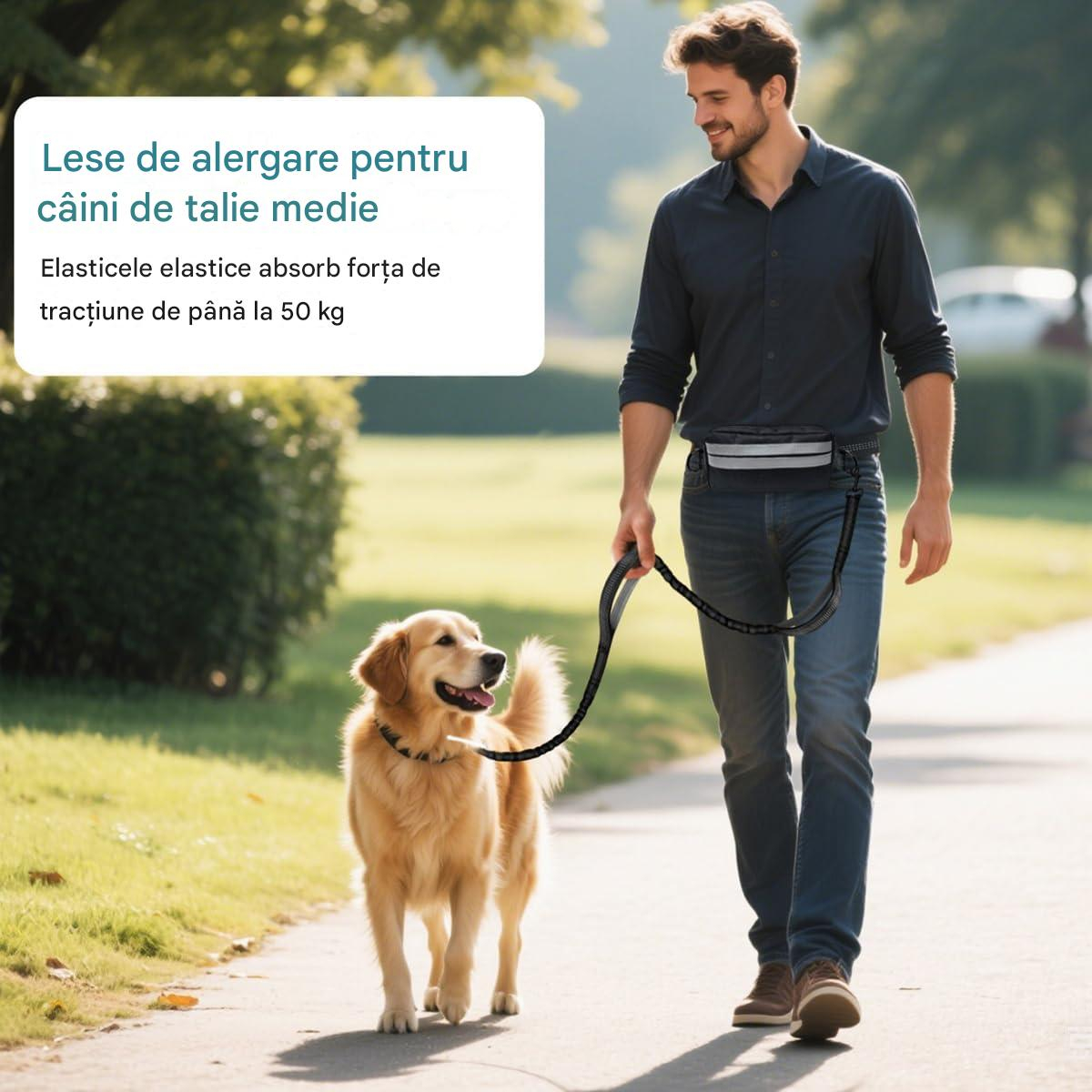 Lesa alergare caini cu centura hands-free, amortizor soc, reglabila si reflectorizanta, cu borseta detasabila, pentru mers si jogging, caini pana la 50 kg [9]