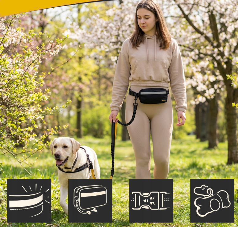 Lesa alergare caini cu centura hands-free, amortizor soc, reglabila si reflectorizanta, cu borseta detasabila, pentru mers si jogging, caini pana la 50 kg [7]