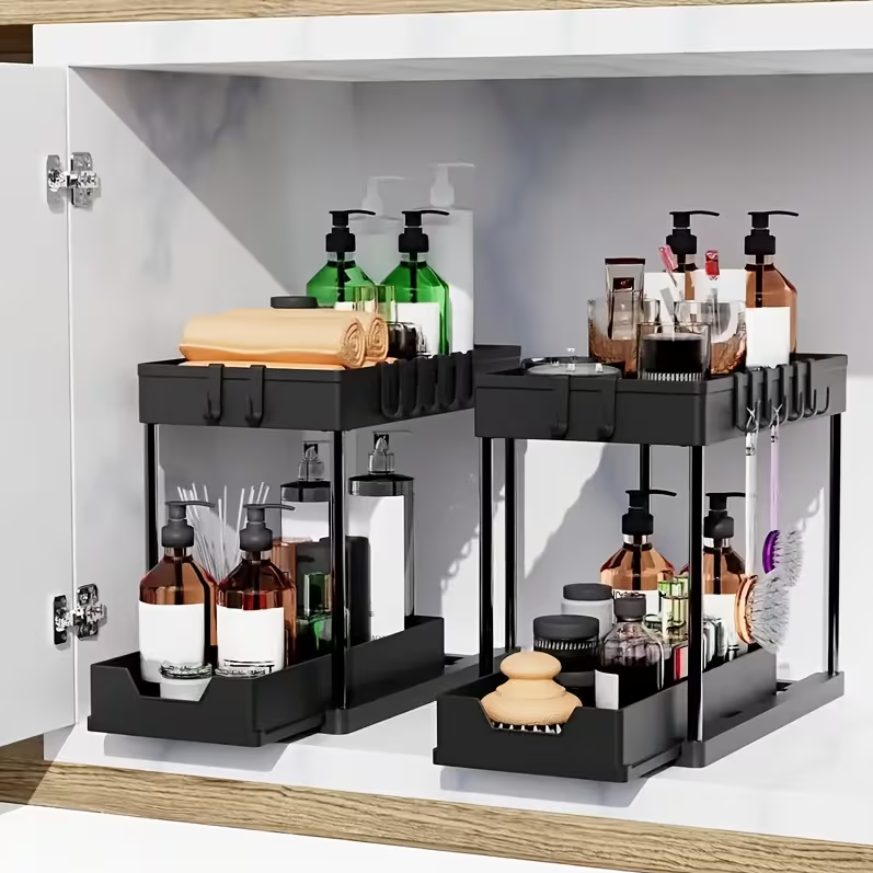Organizator multifunctional 2 Niveluri – Raft Inferior Glisant, Universal, pentru Bucatarie, Baie, Birou, Dulap si Sub Chiuveta, Metal + PP, Negru, Beatus® [4]