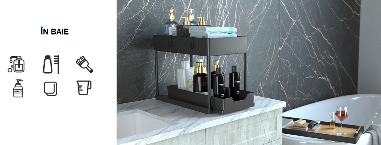 Organizator multifunctional 2 Niveluri – Raft Inferior Glisant, Universal, pentru Bucatarie, Baie, Birou, Dulap si Sub Chiuveta, Metal + PP, Negru, Beatus® [11]