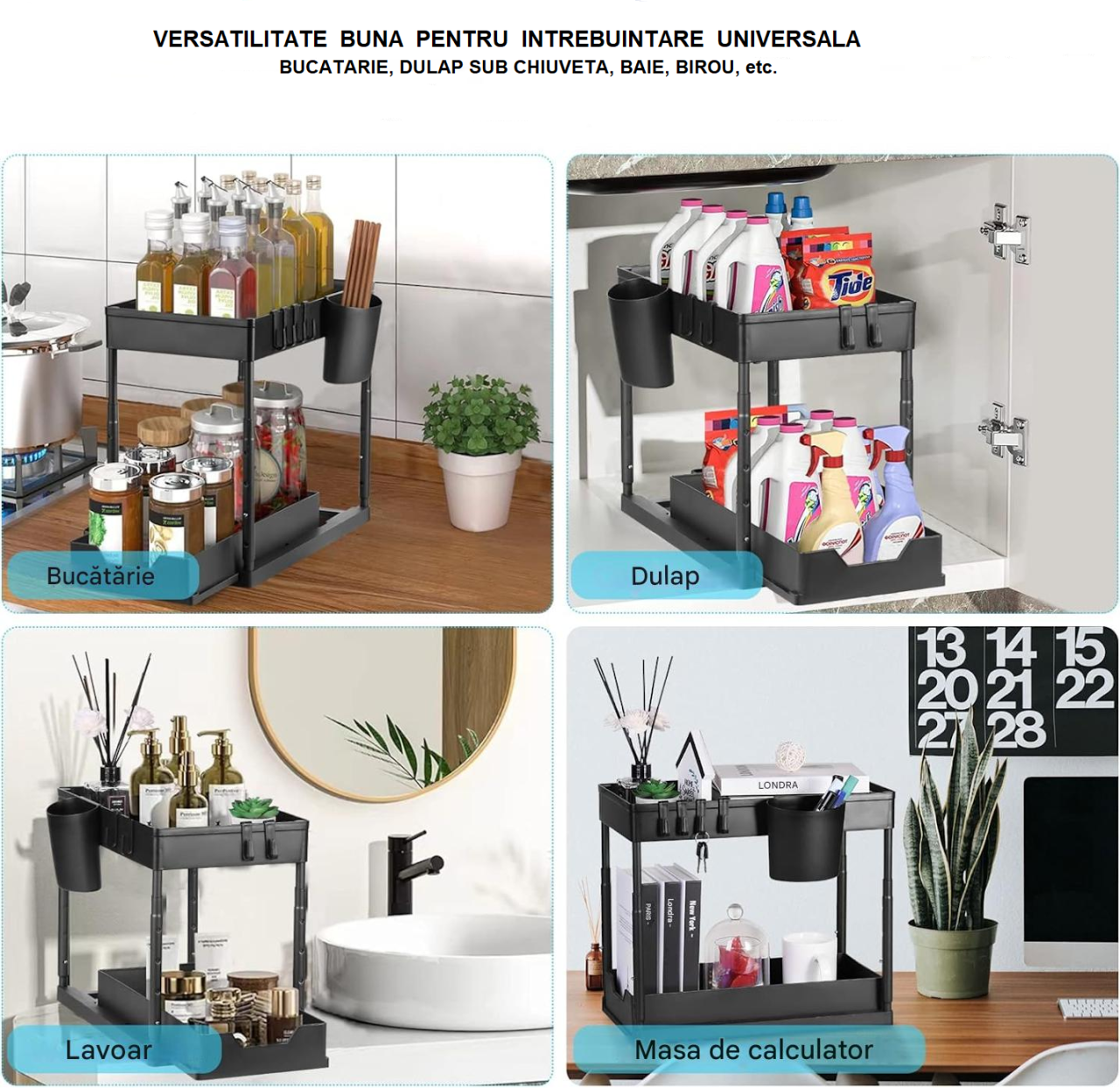 Organizator multifunctional 2 Niveluri – Raft Inferior Glisant, Universal, pentru Bucatarie, Baie, Birou, Dulap si Sub Chiuveta, Metal + PP, Negru, Beatus® [8]