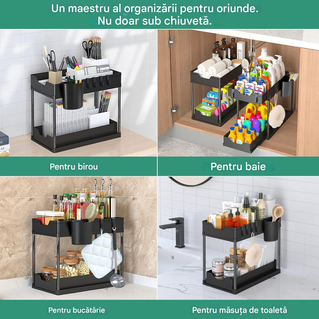 Organizator multifunctional 2 Niveluri – Raft Inferior Glisant, Universal, pentru Bucatarie, Baie, Birou, Dulap si Sub Chiuveta, Metal + PP, Negru, Beatus® [3]