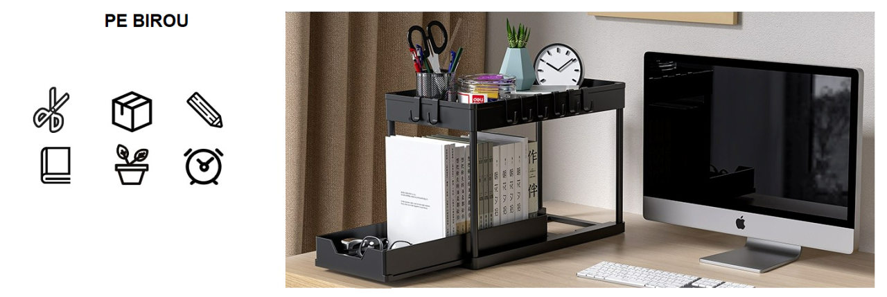 Organizator multifunctional 2 Niveluri – Raft Inferior Glisant, Universal, pentru Bucatarie, Baie, Birou, Dulap si Sub Chiuveta, Metal + PP, Negru, Beatus® [12]