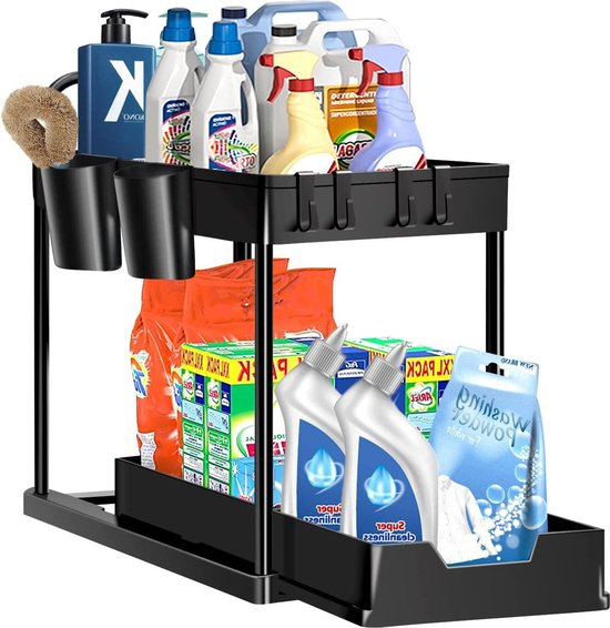 Organizator multifunctional 2 Niveluri – Raft Inferior Glisant, Universal, pentru Bucatarie, Baie, Birou, Dulap si Sub Chiuveta, Metal + PP, Negru, Beatus® [14]