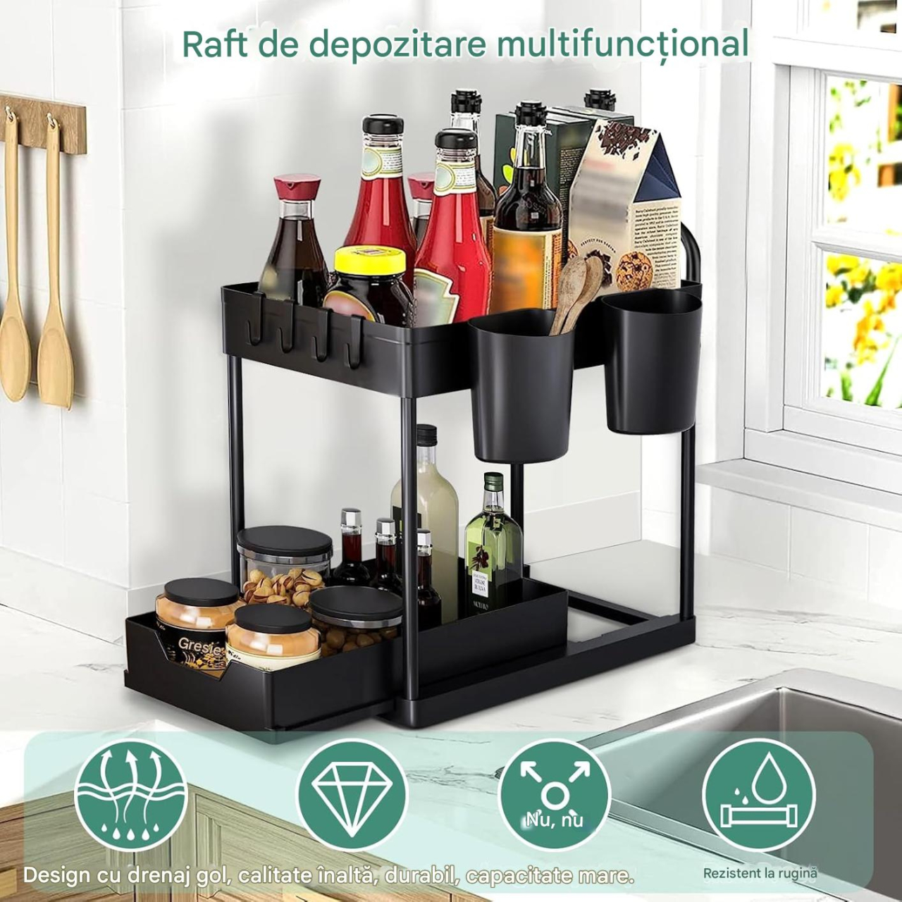 Organizator multifunctional 2 Niveluri – Raft Inferior Glisant, Universal, pentru Bucatarie, Baie, Birou, Dulap si Sub Chiuveta, Metal + PP, Negru, Beatus® [6]