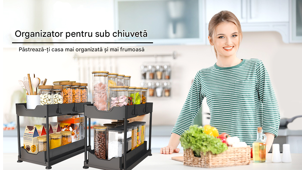 Organizator multifunctional 2 Niveluri – Raft Inferior Glisant, Universal, pentru Bucatarie, Baie, Birou, Dulap si Sub Chiuveta, Metal + PP, Negru, Beatus® [7]