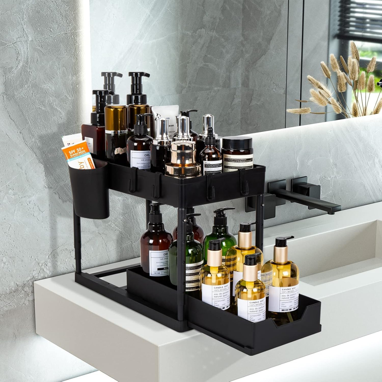 Organizator multifunctional 2 Niveluri – Raft Inferior Glisant, Universal, pentru Bucatarie, Baie, Birou, Dulap si Sub Chiuveta, Metal + PP, Negru, Beatus® [2]
