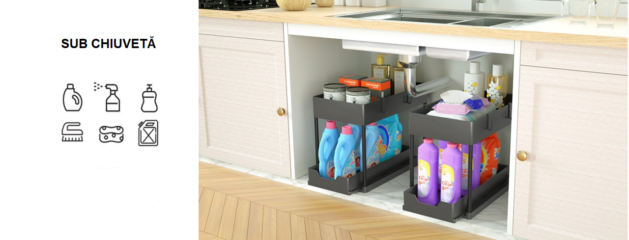 Organizator multifunctional 2 Niveluri – Raft Inferior Glisant, Universal, pentru Bucatarie, Baie, Birou, Dulap si Sub Chiuveta, Metal + PP, Negru, Beatus® [10]