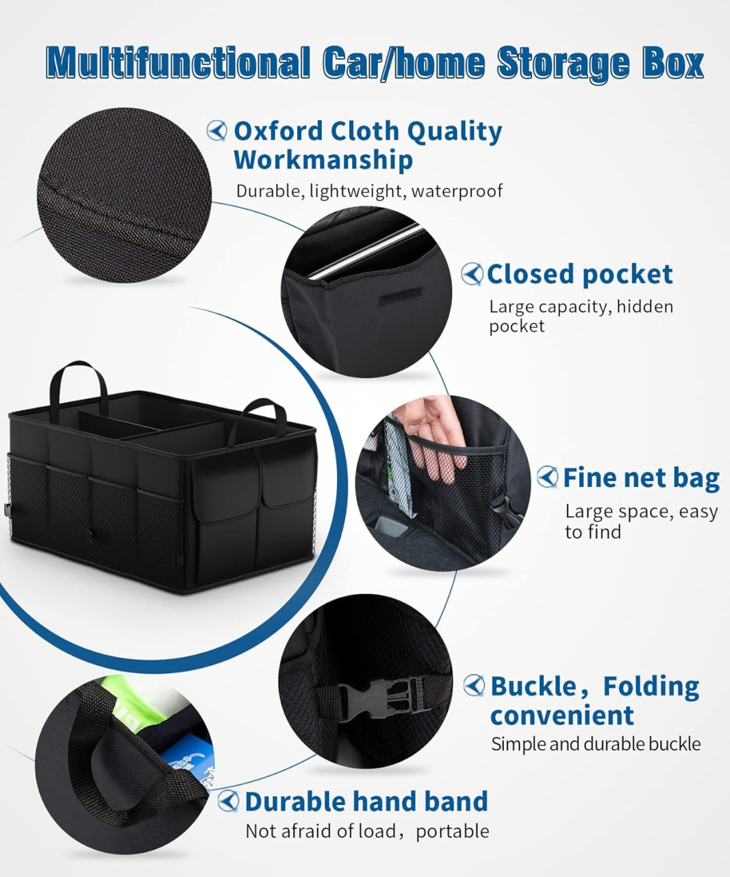 Organizator pentru portbagaj auto cu spatiu mare de depozitare, Pliabil, Impermeabil, Buzunare multiple, Material Oxford, Beatus®, 56x40x26, Negru [4]
