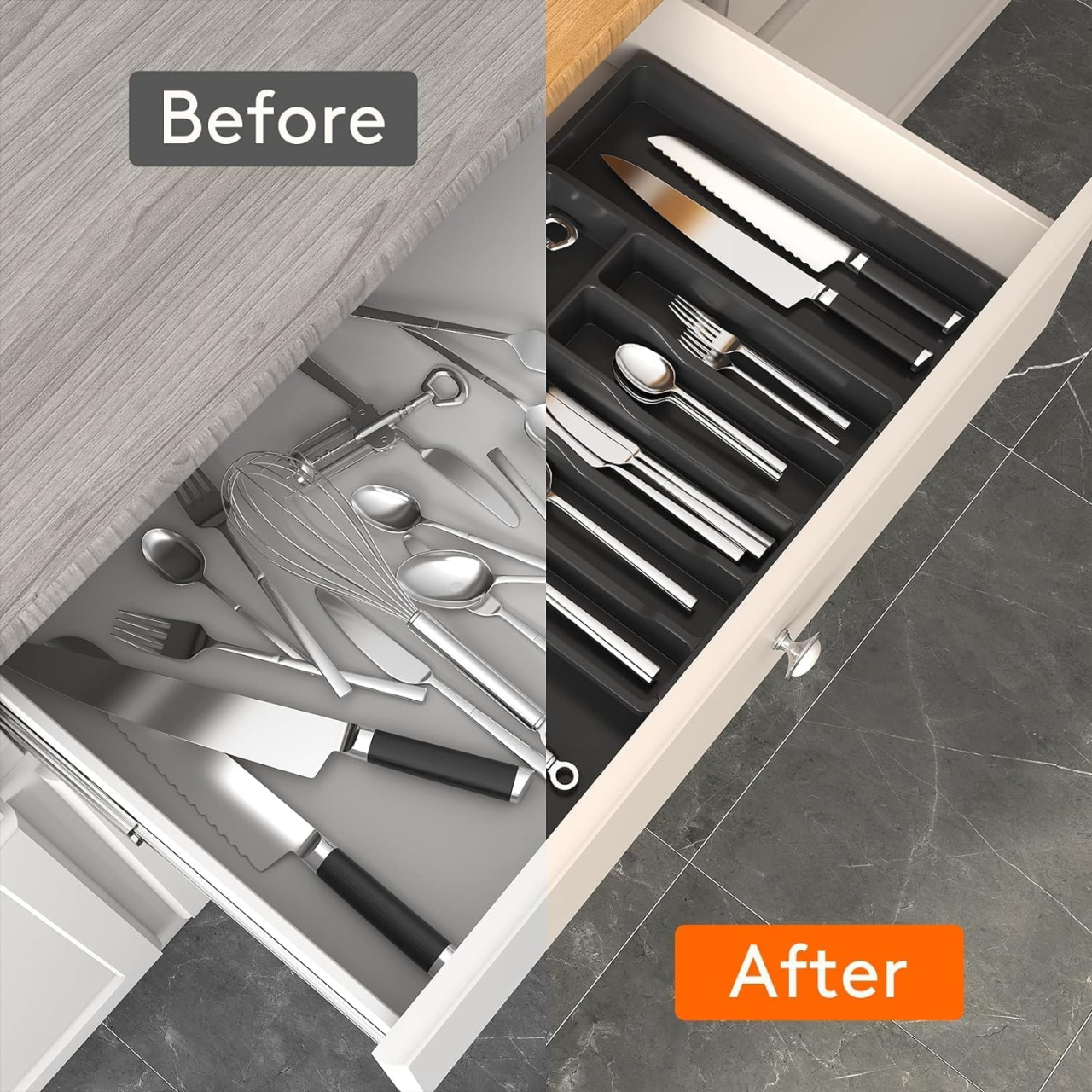 Organizator sertar extensibil 28-45 cm, pentru tacamuri si ustensile bucatarie, suport ajustabil pentru depozitare furculite, linguri, cutite, tava separator sertare cu 7 zone spatioase, negru, Beatus [6]
