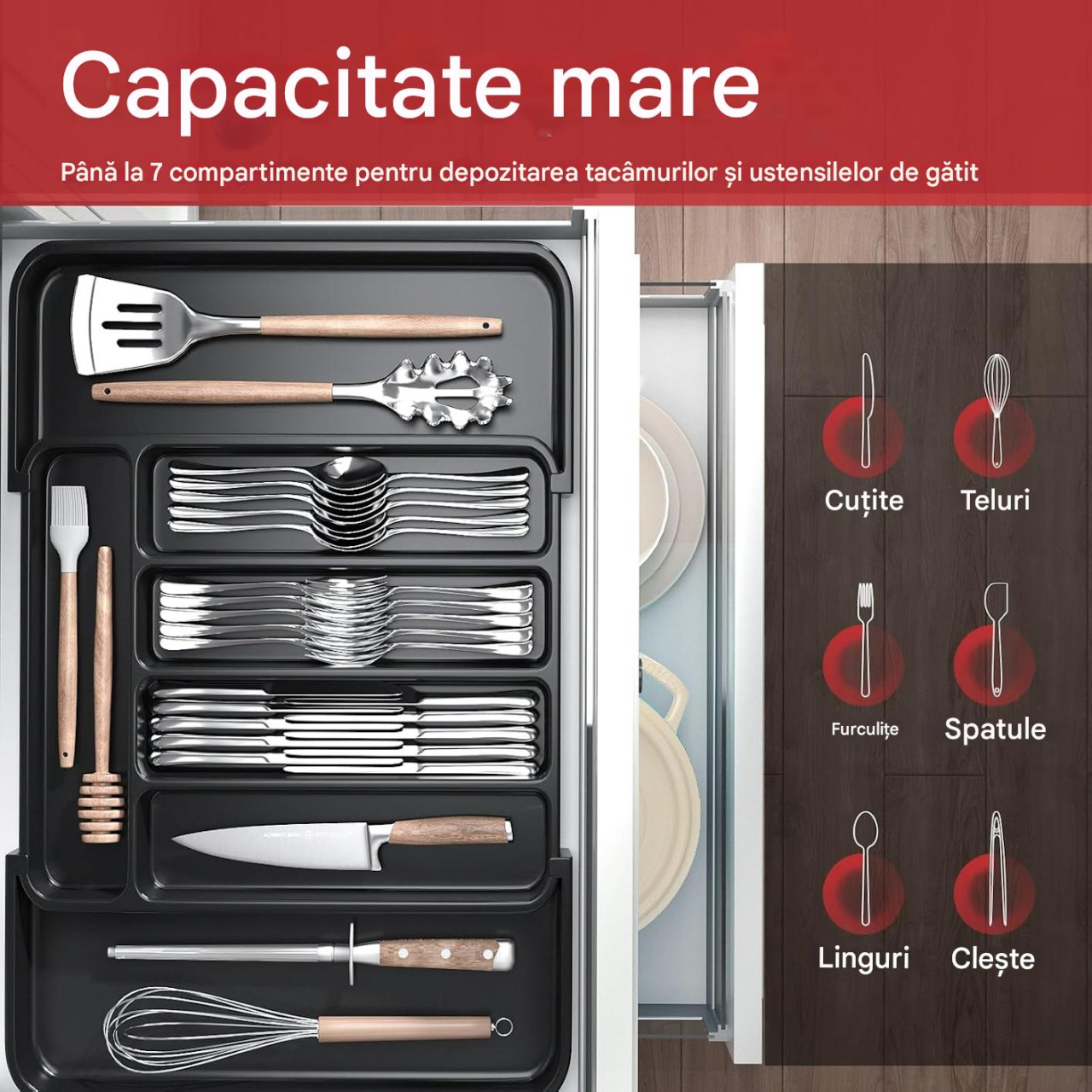 Organizator sertar extensibil 28-45 cm, pentru tacamuri si ustensile bucatarie, suport ajustabil pentru depozitare furculite, linguri, cutite, tava separator sertare cu 7 zone spatioase, negru, Beatus [5]