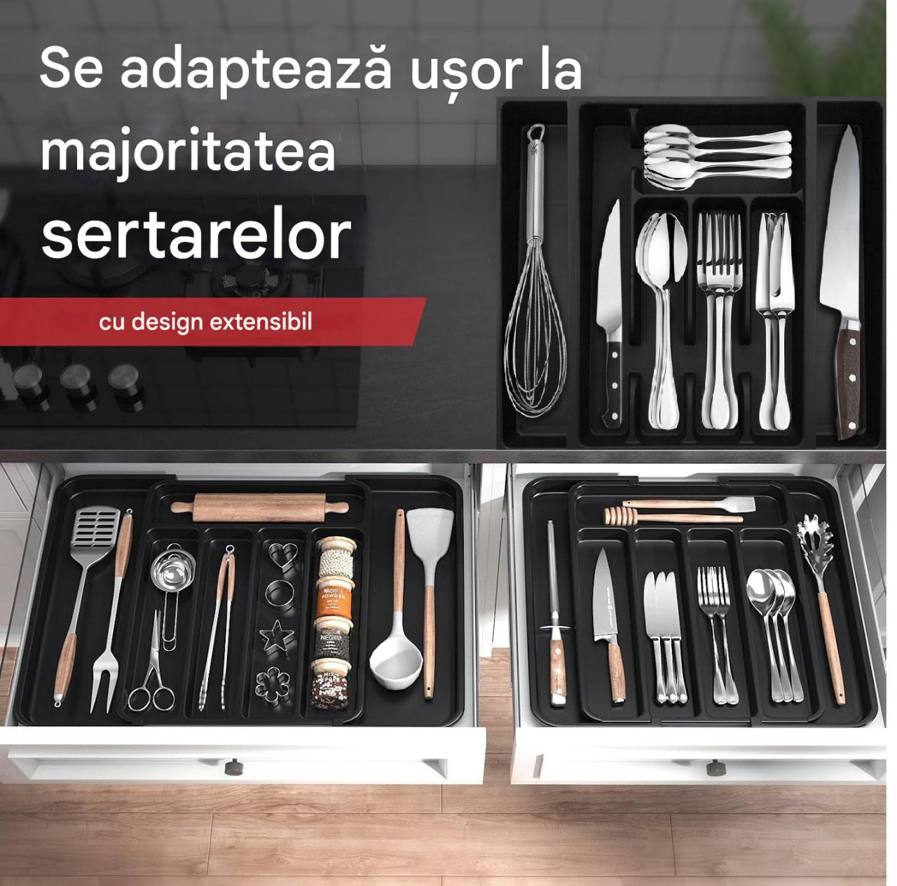 Organizator sertar extensibil 28-45 cm, pentru tacamuri si ustensile bucatarie, suport ajustabil pentru depozitare furculite, linguri, cutite, tava separator sertare cu 7 zone spatioase, negru, Beatus [4]