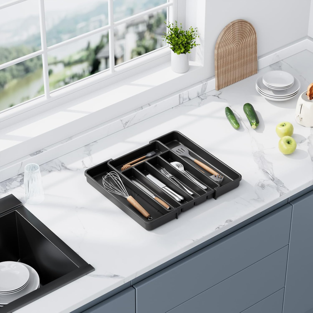 Organizator sertar extensibil 28-45 cm, pentru tacamuri si ustensile bucatarie, suport ajustabil pentru depozitare furculite, linguri, cutite, tava separator sertare cu 7 zone spatioase, negru, Beatus [8]
