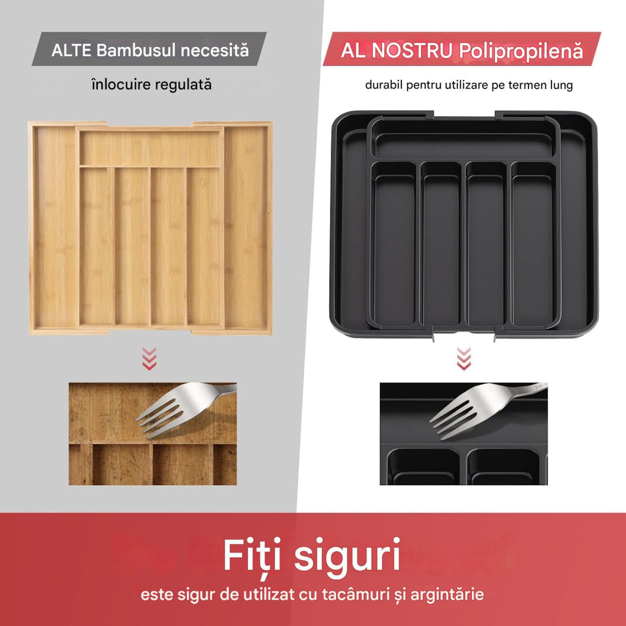 Organizator sertar extensibil 28-45 cm, pentru tacamuri si ustensile bucatarie, suport ajustabil pentru depozitare furculite, linguri, cutite, tava separator sertare cu 7 zone spatioase, negru, Beatus [9]