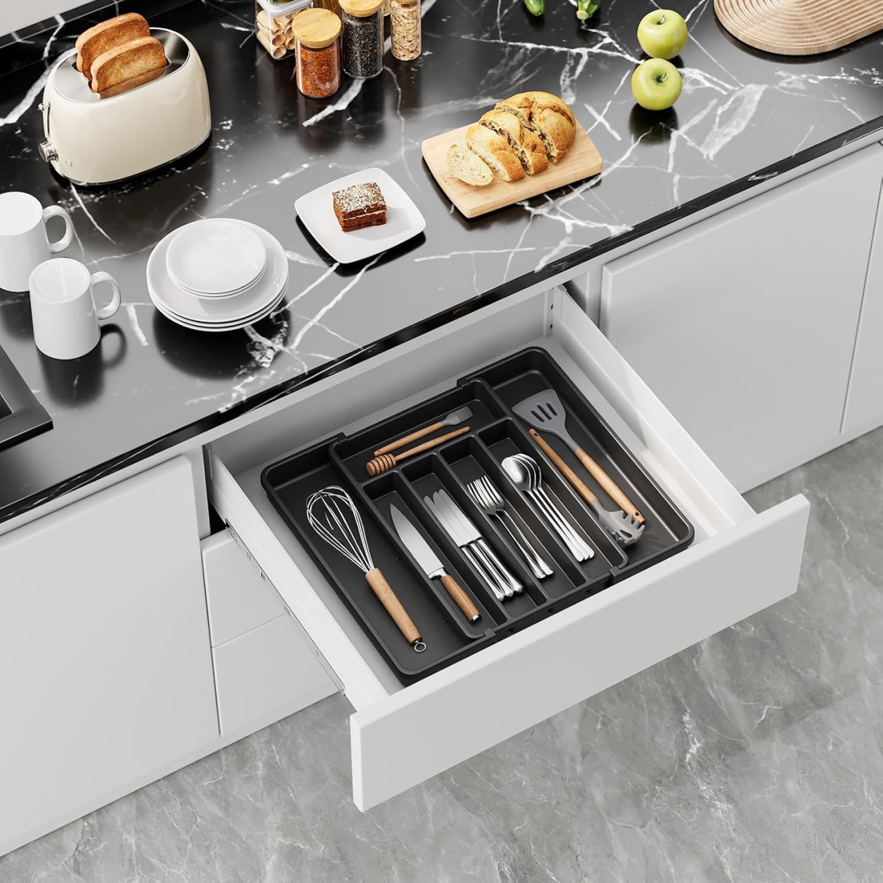 Organizator sertar extensibil 28-45 cm, pentru tacamuri si ustensile bucatarie, suport ajustabil pentru depozitare furculite, linguri, cutite, tava separator sertare cu 7 zone spatioase, negru, Beatus [2]