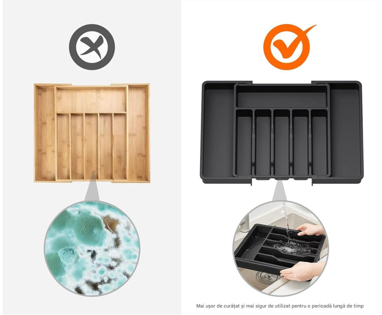 Organizator sertar extensibil 28-45 cm, pentru tacamuri si ustensile bucatarie, suport ajustabil pentru depozitare furculite, linguri, cutite, tava separator sertare cu 7 zone spatioase, negru, Beatus [10]