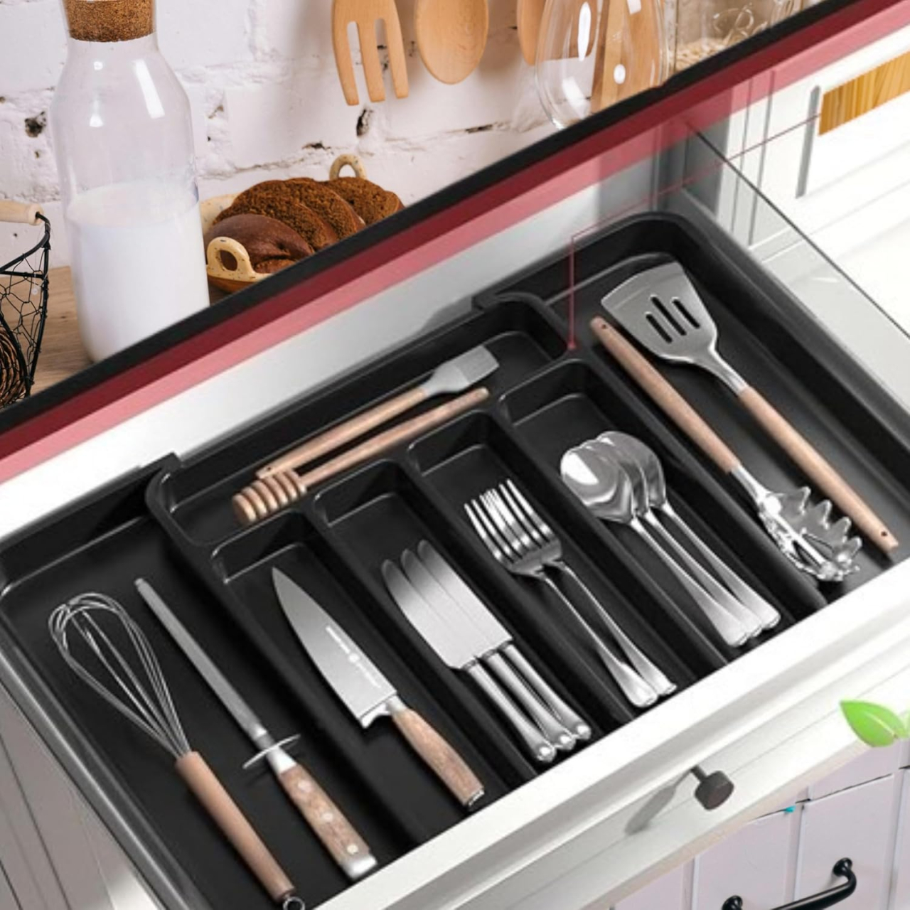 Organizator sertar extensibil 28-45 cm, pentru tacamuri si ustensile bucatarie, suport ajustabil pentru depozitare furculite, linguri, cutite, tava separator sertare cu 7 zone spatioase, negru, Beatus [3]