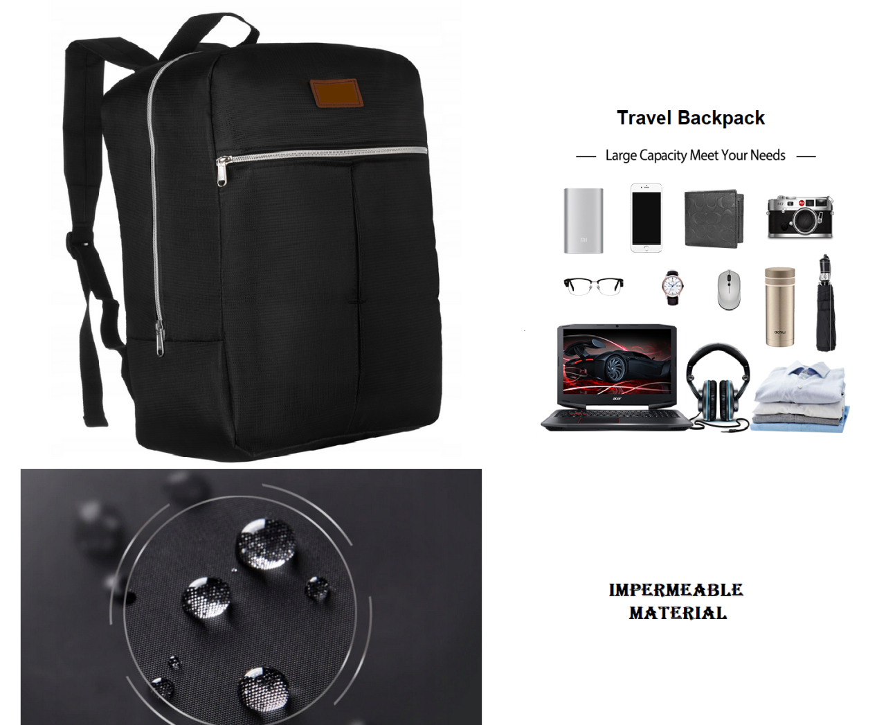 Rucsac de voiaj pentru avion, Universal, Unisex, Compatibil Wizz Air si RYANAIR, Fermoar dublu, Impermeabil, Atasabil valiza, Bretele reglabile, Spatios, Nylon/Poliester, Negru, 38x24x18 cm, Beatus® [8]