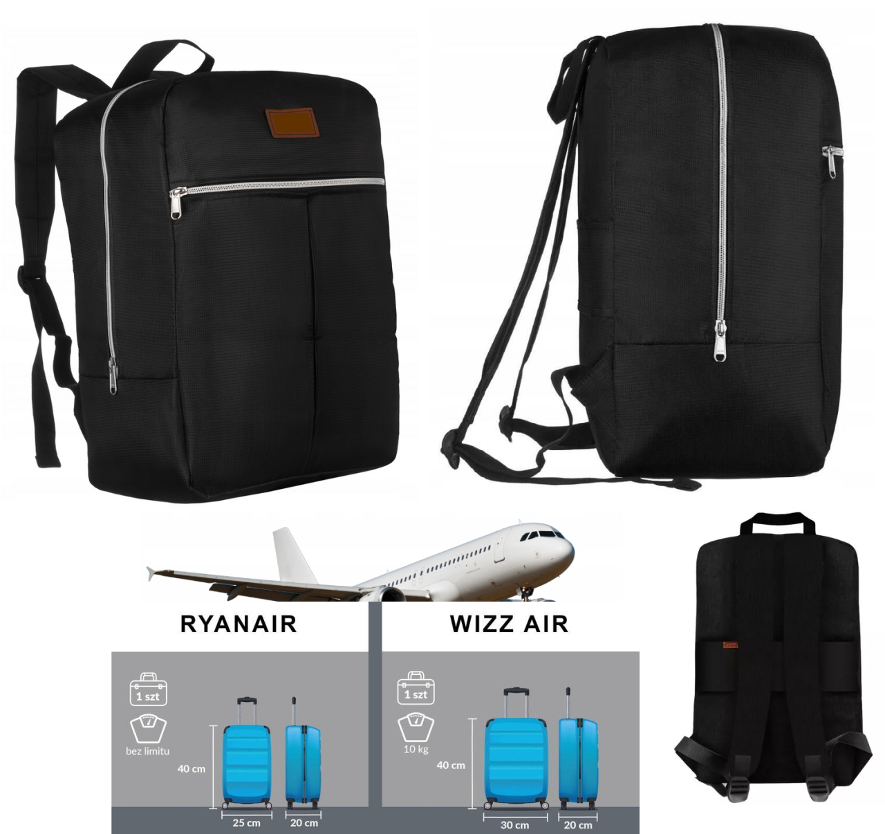 Rucsac de voiaj pentru avion, Universal, Unisex, Compatibil Wizz Air si RYANAIR, Fermoar dublu, Impermeabil, Atasabil valiza, Bretele reglabile, Spatios, Nylon/Poliester, Negru, 38x24x18 cm, Beatus® [6]