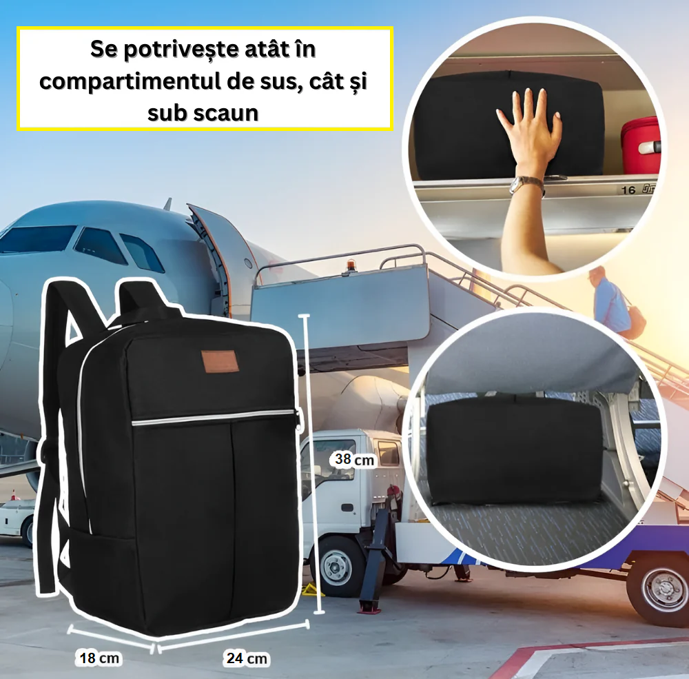 Rucsac de voiaj pentru avion, Universal, Unisex, Compatibil Wizz Air si RYANAIR, Fermoar dublu, Impermeabil, Atasabil valiza, Bretele reglabile, Spatios, Nylon/Poliester, Negru, 38x24x18 cm, Beatus® [4]