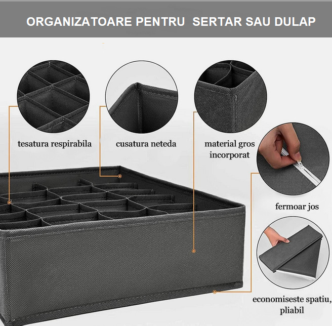 Set 4 Organizatoare lenjerie de corp, cutii depozitare sosete pentru sertar sau dulap, cu pereti rigidizati, pliabile, Gri inchis, Beatus® [7]