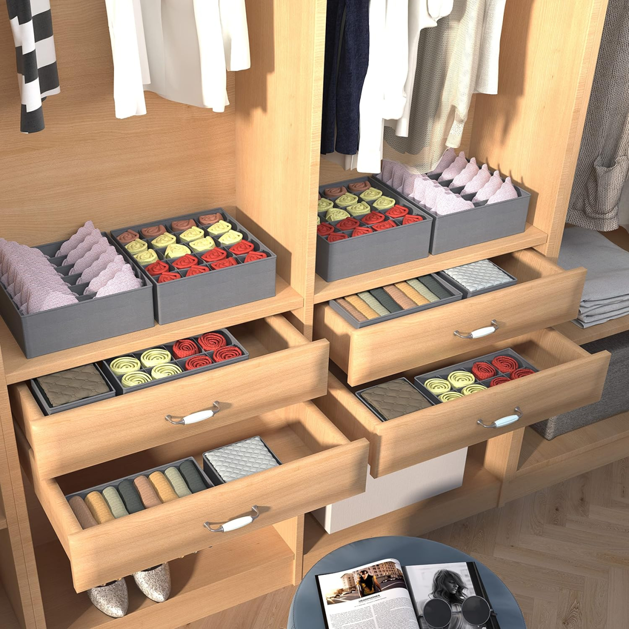 Set 4 Organizatoare lenjerie de corp, cutii depozitare sosete pentru sertar sau dulap, cu pereti rigidizati, pliabile, Gri inchis, Beatus® [5]