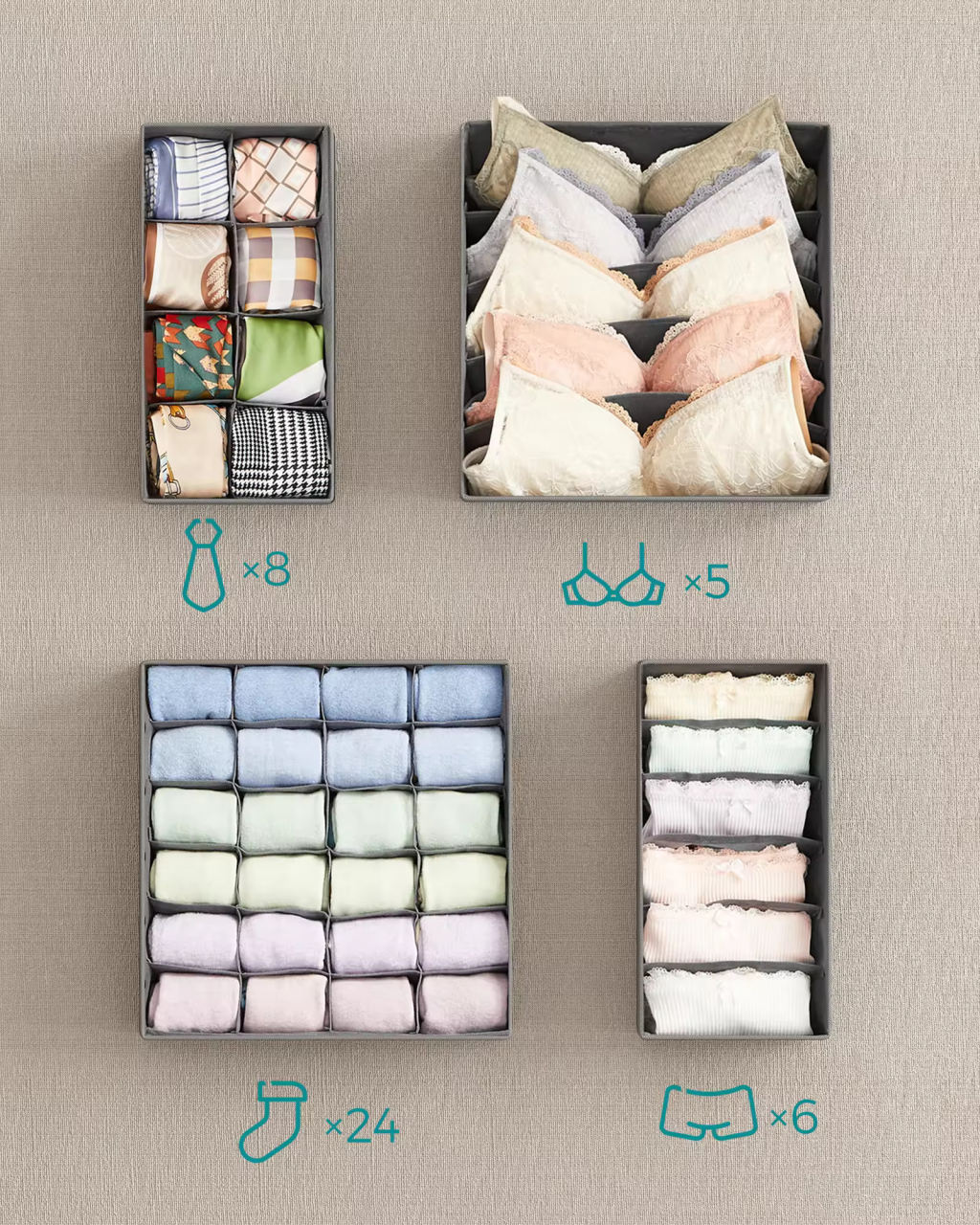 Set 4 Organizatoare lenjerie de corp, cutii depozitare sosete pentru sertar sau dulap, cu pereti rigidizati, pliabile, Gri inchis, Beatus® [8]