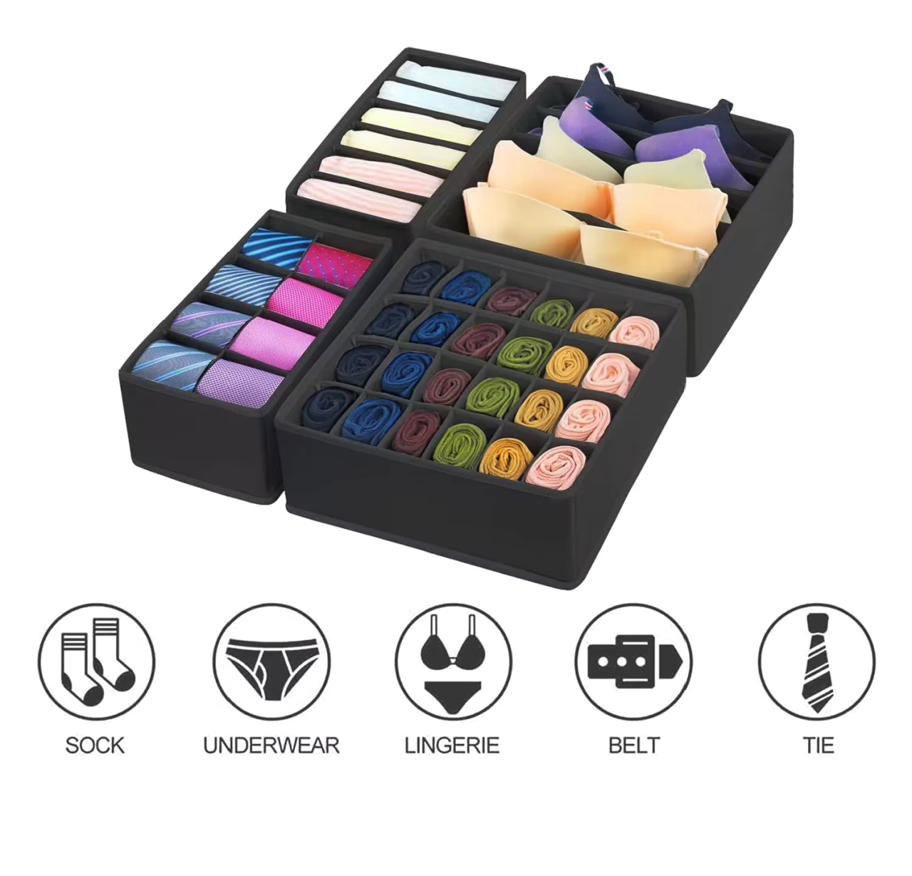 Set 4 Organizatoare lenjerie de corp, cutii depozitare sosete pentru sertar sau dulap, cu pereti rigidizati, pliabile, Gri inchis, Beatus® [5]