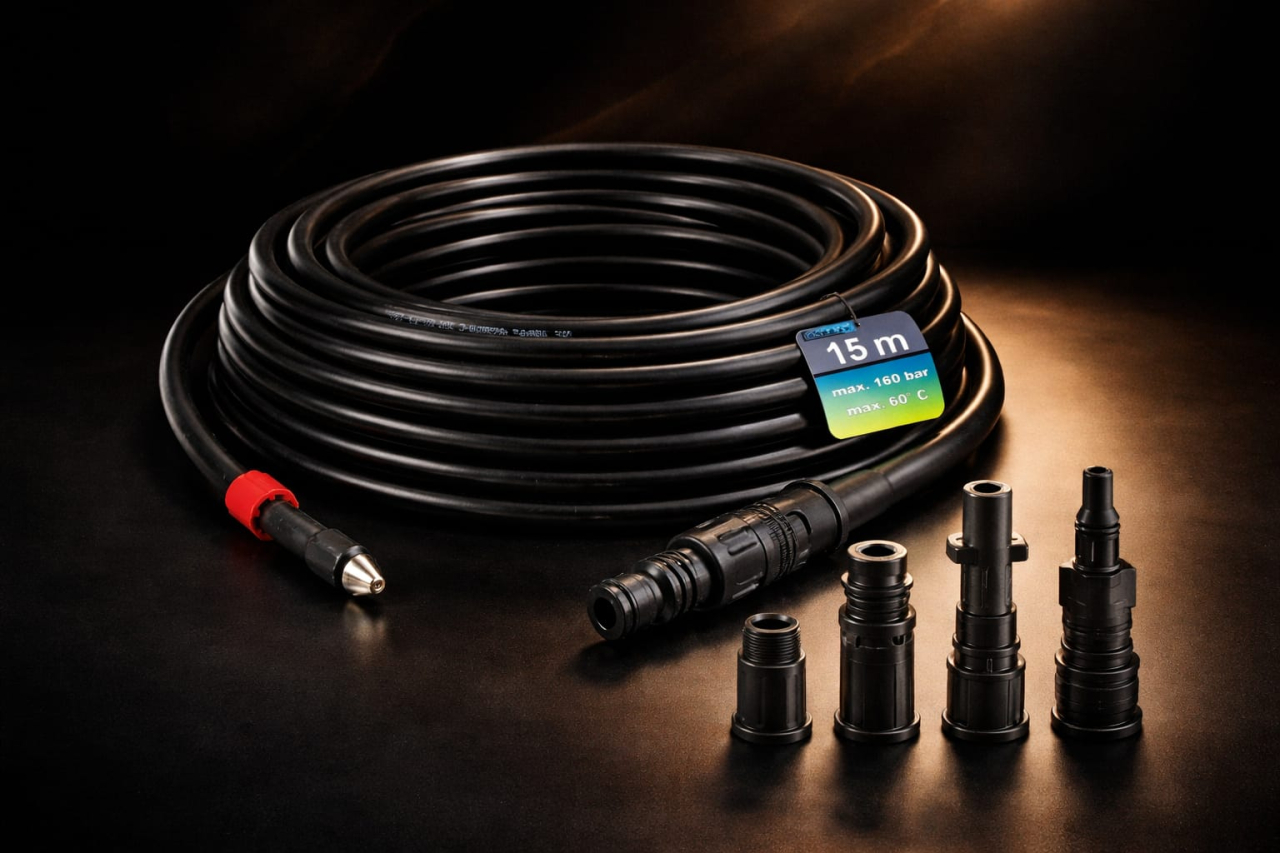 Set Curatare Tevi si Canalizare – Furtun Presiune Universal 15 m cu 4 Adaptoare, Duza 4 Jeturi, Anti-Strangulare, Premium, Negru [10]