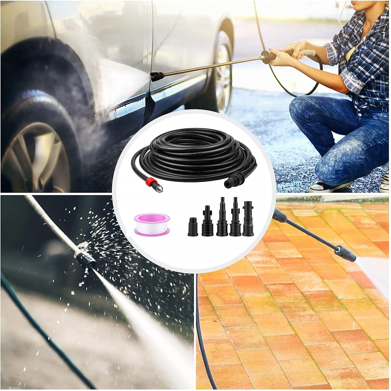 Set Curatare Tevi si Canalizare – Furtun Presiune Universal 15 m cu 4 Adaptoare, Duza 4 Jeturi, Anti-Strangulare, Premium, Negru [2]