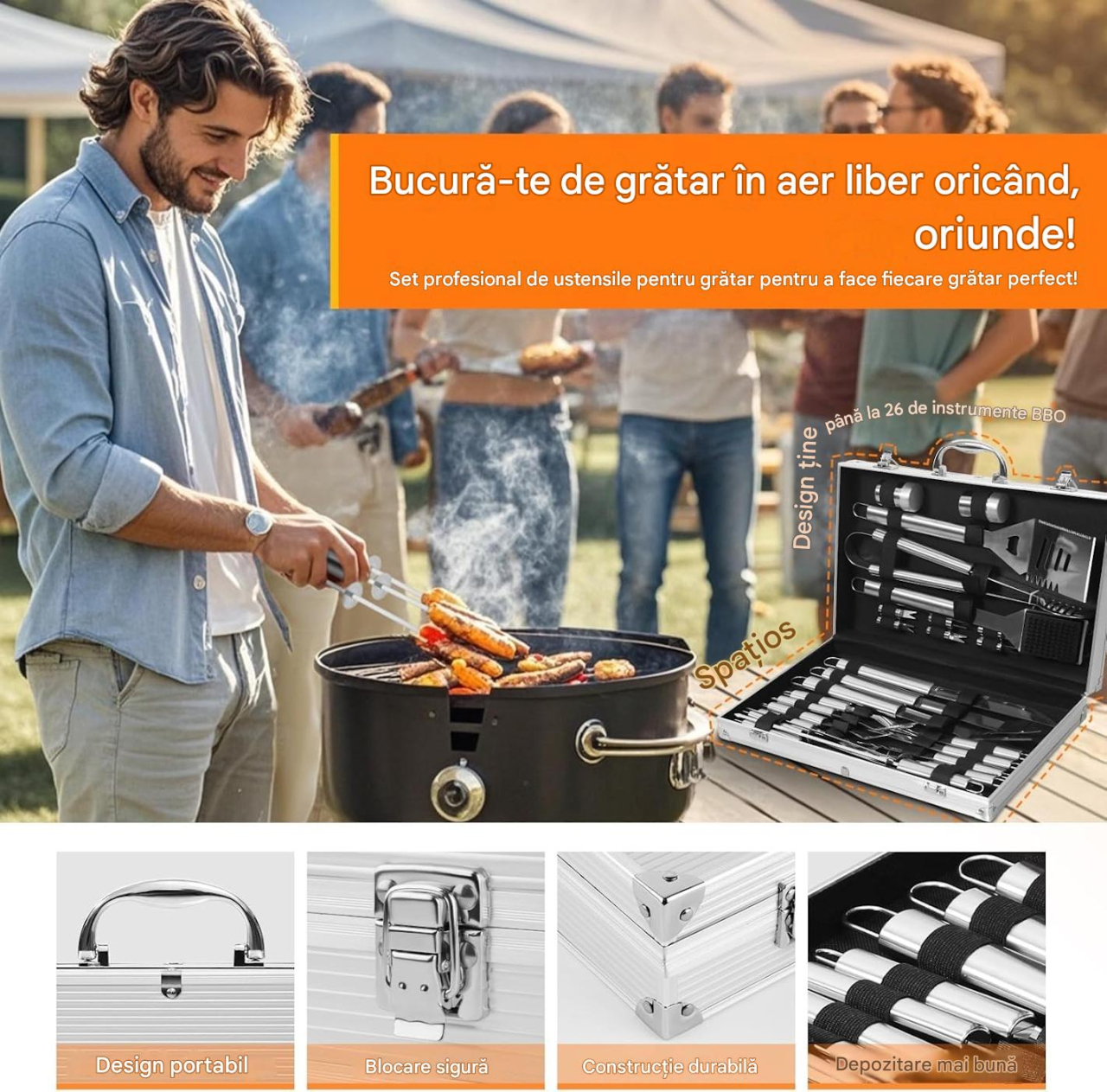 Set Ustensile pentru Gratar BBQ, 26 Piese din Otel Inoxidabil, Valiza Aluminiu pentru Transport, Accesorii Complete Grill, Camping si Picnic, Ideal pentru Cadou [6]
