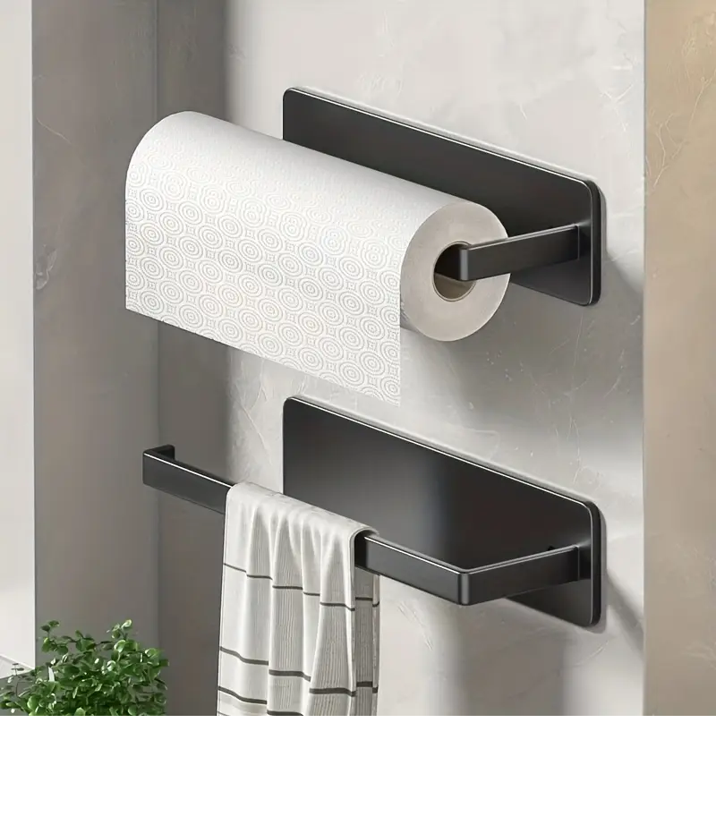 Suport Prosop Hartie Bucatarie 3 in 1 – Folie, Prosoape, Otel Inoxidabil Rezistent, Negru 26 cm, Montaj Pe Perete, Durabil si Eficient, Beatus® [3]