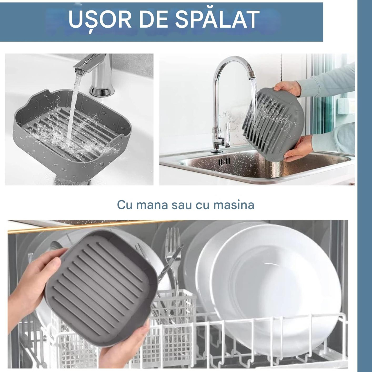 Tava din silicon 20×20 cm pentru friteuza cu aer cald / Air Fryer – antiaderenta, reutilizabila, lavabila in masina de vase, rezista la 230 °C, compatibila cu cuptor & congelator, gri, Beatus® [8]