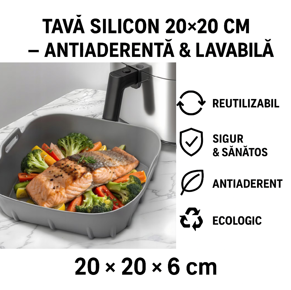 Tava din silicon 20×20 cm pentru friteuza cu aer cald / Air Fryer – antiaderenta, reutilizabila, lavabila in masina de vase, rezista la 230 °C, compatibila cu cuptor & congelator, gri, Beatus® [6]