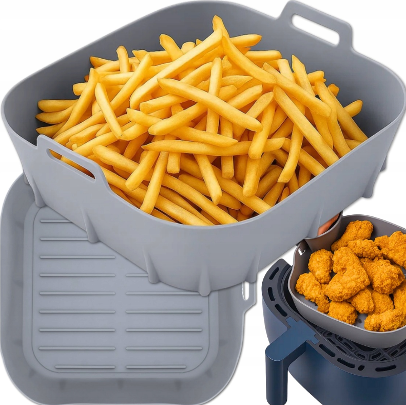 Tava din silicon 20×20 cm pentru friteuza cu aer cald / Air Fryer – antiaderenta, reutilizabila, lavabila in masina de vase, rezista la 230 °C, compatibila cu cuptor & congelator, gri, Beatus® [7]