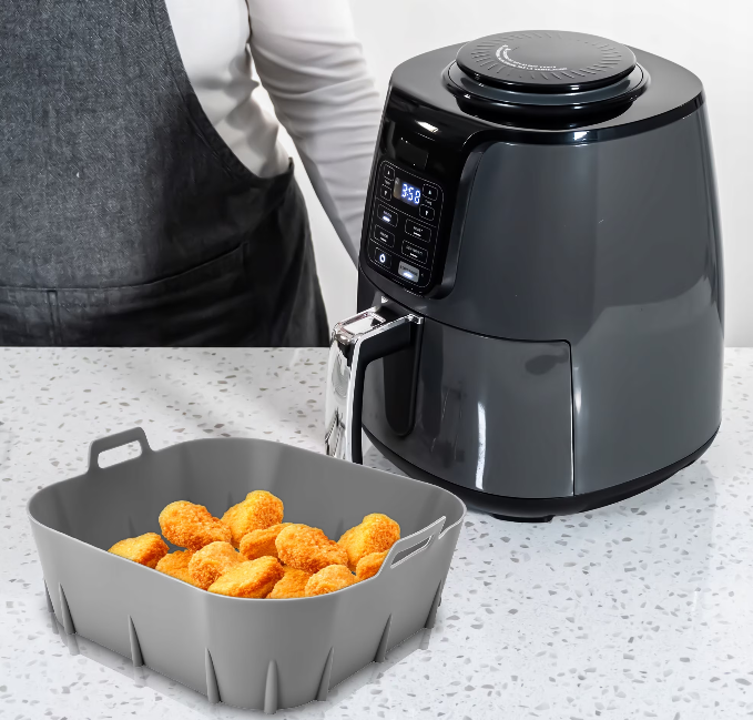 Tava din silicon 20×20 cm pentru friteuza cu aer cald / Air Fryer – antiaderenta, reutilizabila, lavabila in masina de vase, rezista la 230 °C, compatibila cu cuptor & congelator, gri, Beatus® [4]