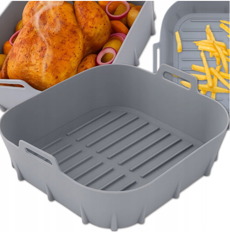 Tava din silicon 20×20 cm pentru friteuza cu aer cald / Air Fryer – antiaderenta, reutilizabila, lavabila in masina de vase, rezista la 230 °C, compatibila cu cuptor & congelator, gri, Beatus® [2]