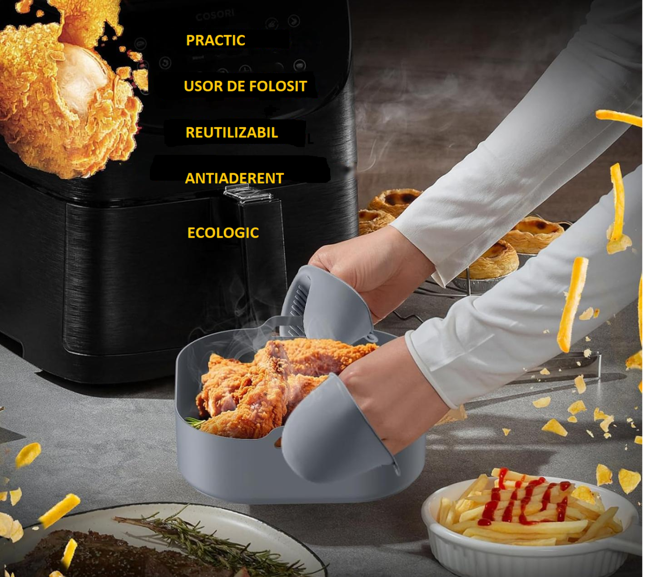 Tava din silicon 20×20 cm pentru friteuza cu aer cald / Air Fryer – antiaderenta, reutilizabila, lavabila in masina de vase, rezista la 230 °C, compatibila cu cuptor & congelator, gri, Beatus® [4]
