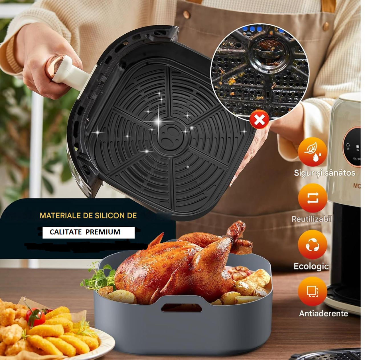 Tava din silicon 20×20 cm pentru friteuza cu aer cald / Air Fryer – antiaderenta, reutilizabila, lavabila in masina de vase, rezista la 230 °C, compatibila cu cuptor & congelator, gri, Beatus® [5]