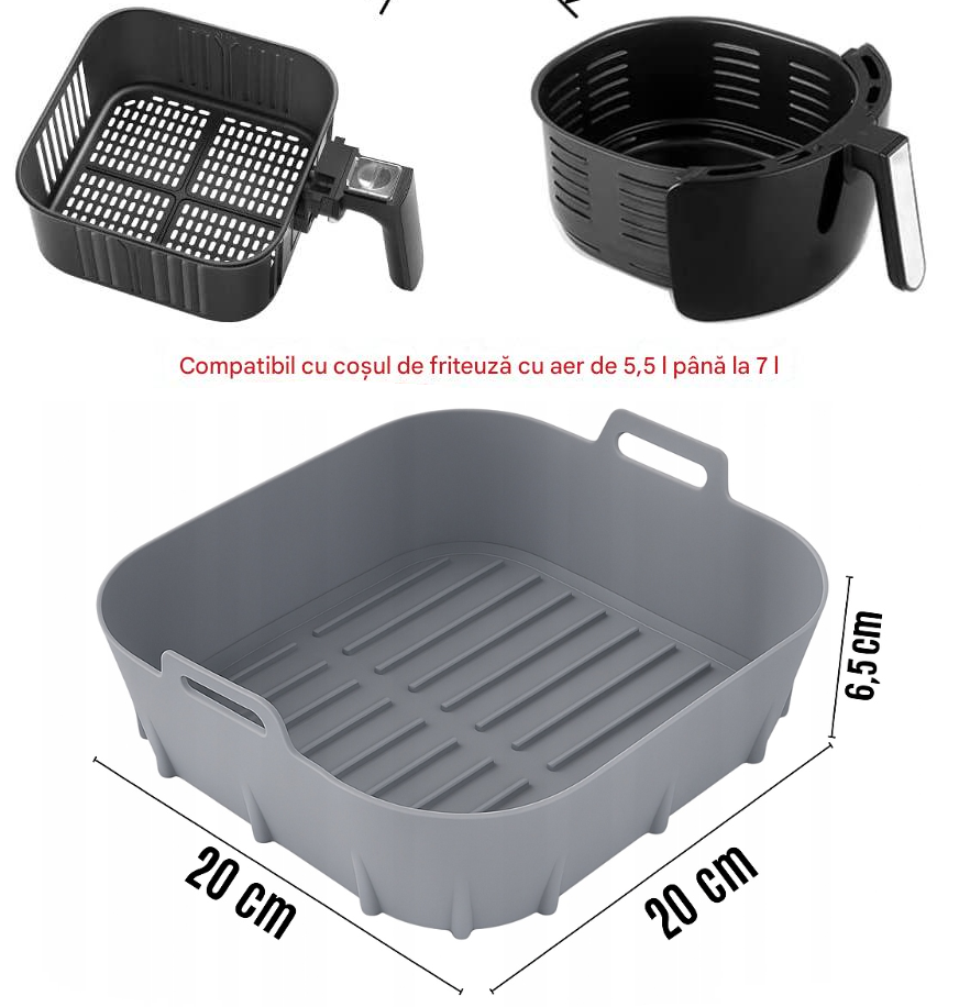 Tava din silicon 20×20 cm pentru friteuza cu aer cald / Air Fryer – antiaderenta, reutilizabila, lavabila in masina de vase, rezista la 230 °C, compatibila cu cuptor & congelator, gri, Beatus® [10]