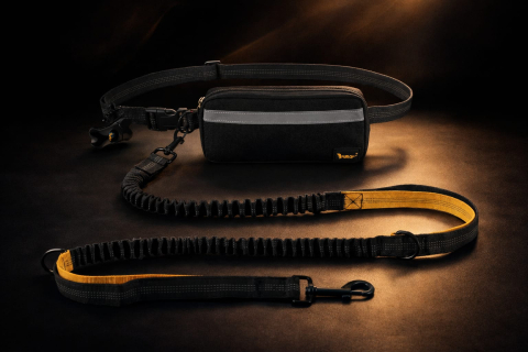 Animale de Companie - Lesa alergare caini cu centura hands-free, amortizor soc, reglabila si reflectorizanta, cu borseta detasabila, pentru mers si jogging, caini pana la 50 kg