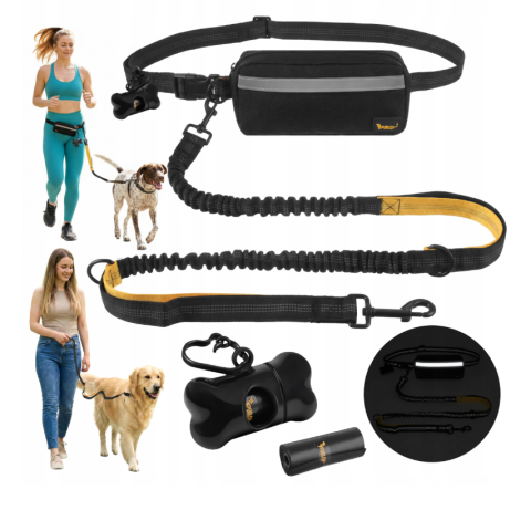 Animale de Companie - Lesa alergare caini cu centura hands-free, amortizor soc, reglabila si reflectorizanta, cu borseta detasabila, pentru mers si jogging, caini pana la 50 kg