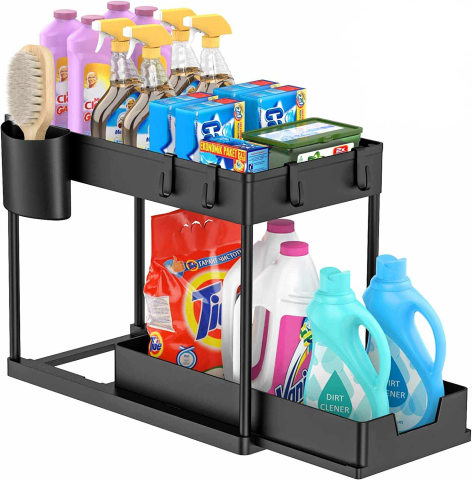 Casă & Confort - Organizator multifunctional 2 Niveluri – Raft Inferior Glisant, Universal, pentru Bucatarie, Baie, Birou, Dulap si Sub Chiuveta, Metal + PP, Negru, Beatus®