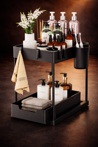 Casă & Confort - Organizator multifunctional 2 Niveluri – Raft Inferior Glisant, Universal, pentru Bucatarie, Baie, Birou, Dulap si Sub Chiuveta, Metal + PP, Negru, Beatus®