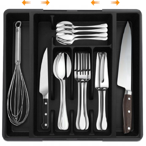 Casă & Confort - Organizator sertar extensibil 28-45 cm, pentru tacamuri si ustensile bucatarie, suport ajustabil pentru depozitare furculite, linguri, cutite, tava separator sertare cu 7 zone spatioase, negru, Beatus
